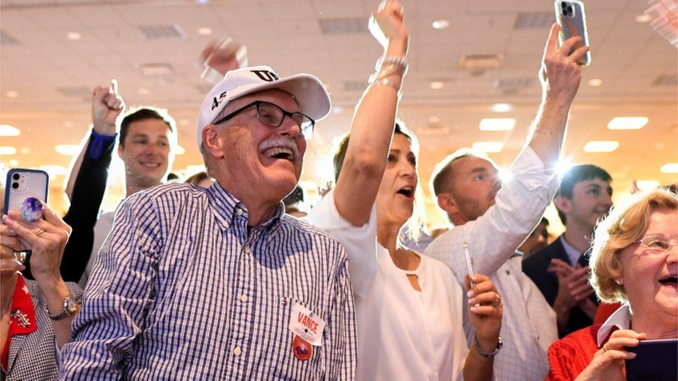 Supporters react to Republican U.S. Senate candidate JD Vance at his election party after winning the primary in Cincinnati,