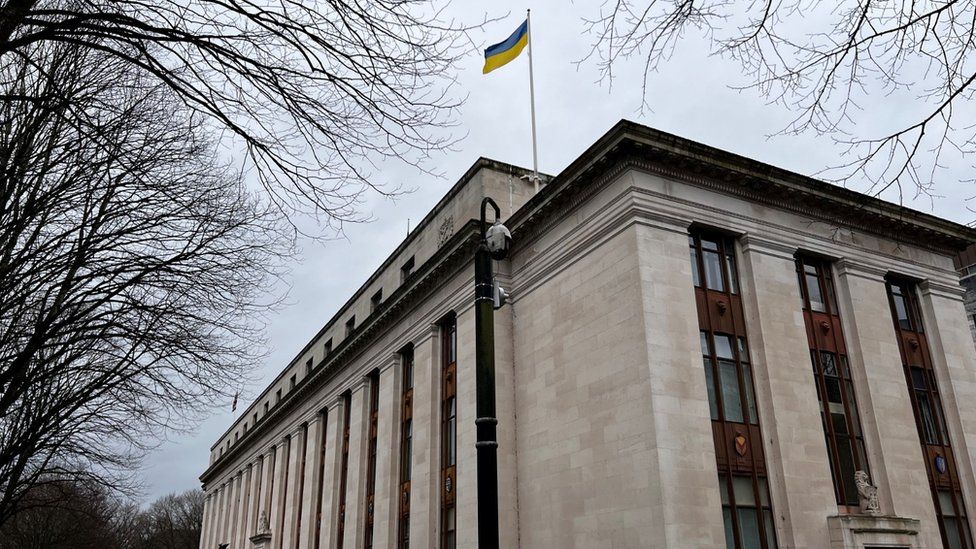 Ukrainian flag on Welsh government building