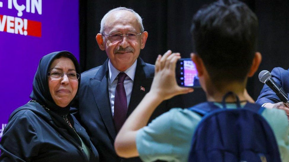 Kemal Kilicdaroglu, presidential candidate of Turkey's main opposition alliance, poses for a photograph, as he attends the indoor campaign event 'Family Support Insurance Meeting', ahead of the May 28 presidential runoff vote, in Ankara, Turkey, May 27, 2023