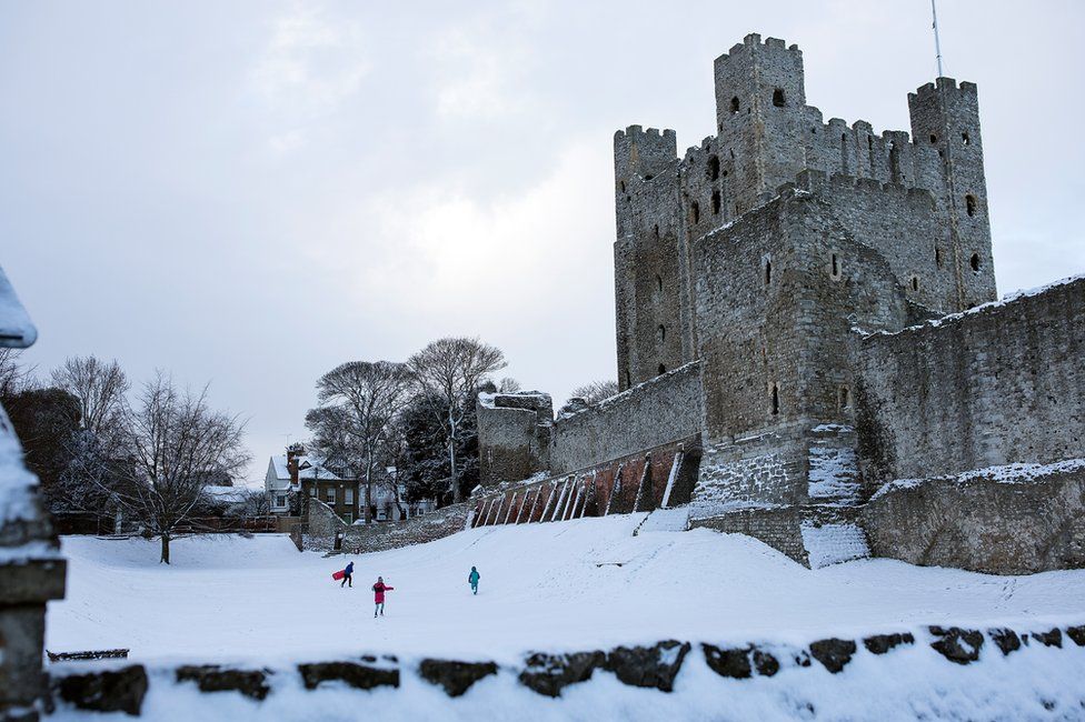 Rochester Castle surrounded by snow