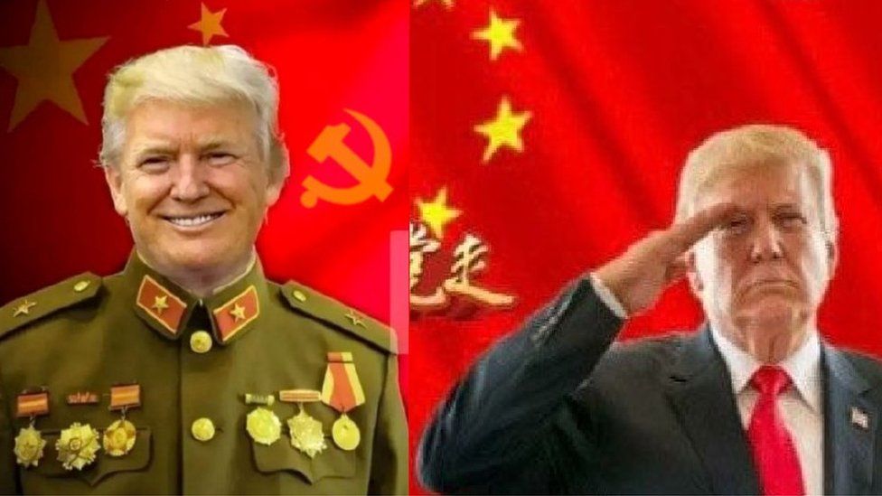 Composite of Donald Trump in Chinese military uniform and Western suit and tie