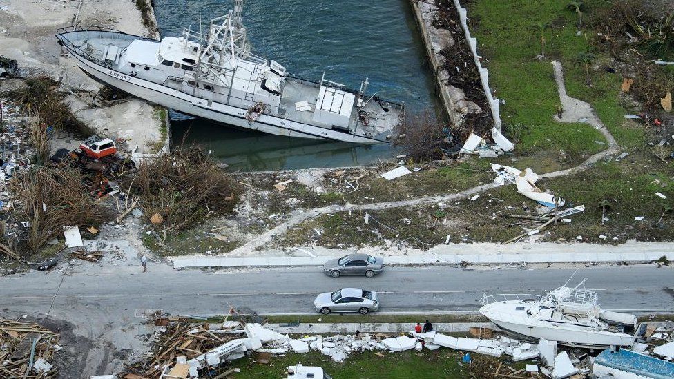 An aerial view of damage from Hurricane Dorian on September 5, 2019, in Marsh Harbour, Great Abaco Island in the Bahamas.