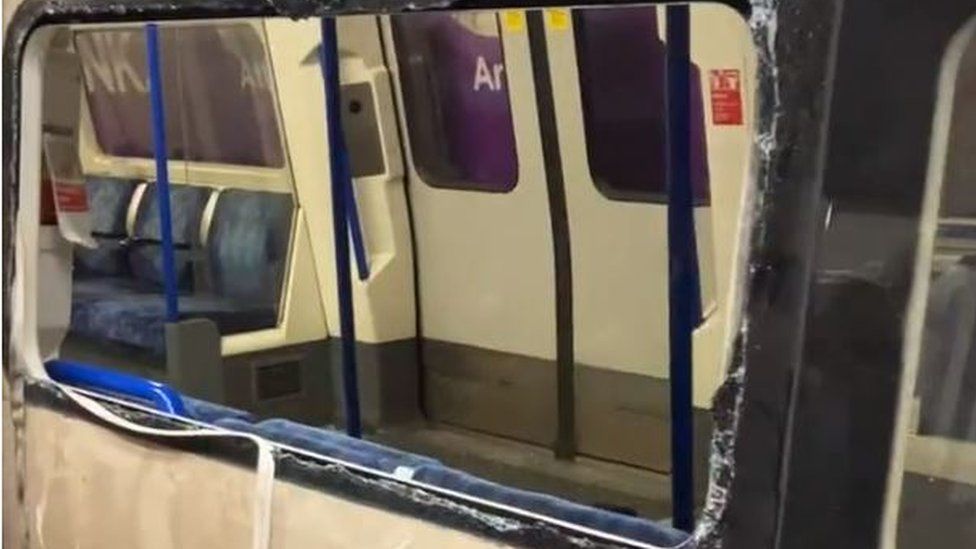 One of the smashed windows on the train