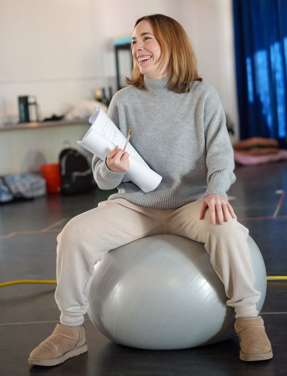 Laura Main on a birthing ball in rehearsals for One Last Push