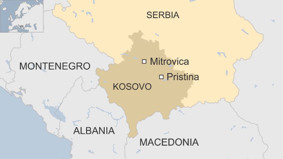 map of Kosovo, highlighting its neighbour Serbia and cities Mitrovica and Pristina.