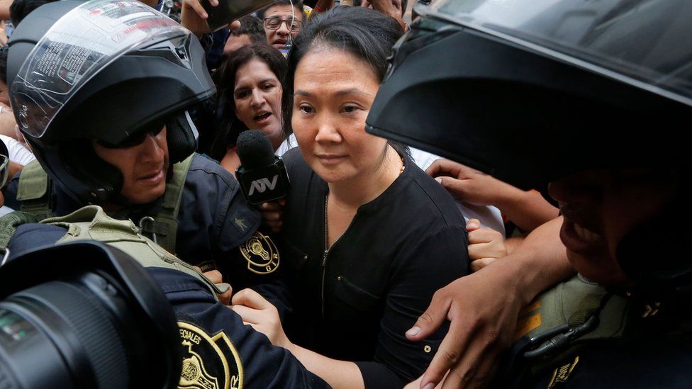 Peruvian politician Keiko Fujimori arrives to a courtroom in Lima