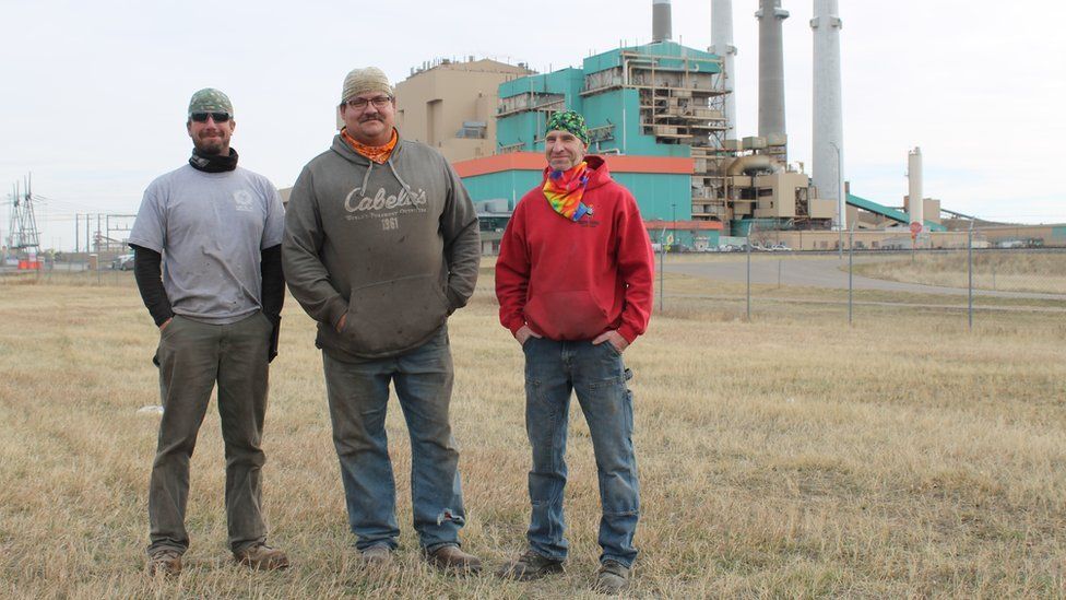 Boilermakers Anthony Grimes, Jason Small and Ryan Hunter outside the Colstrip power plant