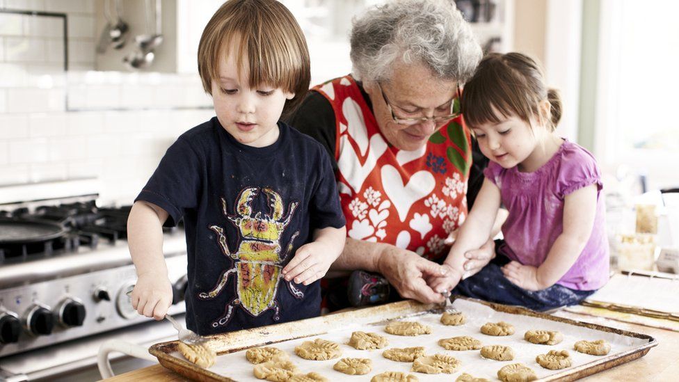 Grandmother baking with grandchildren