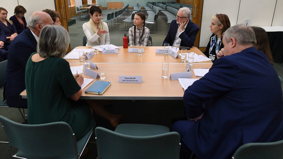 Swedish climate activist Greta Thunberg meets leaders of the UK political parties at the House of Commons in Westminster,