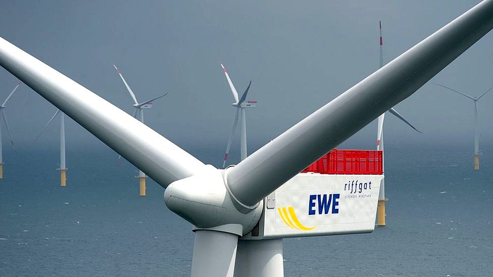 Wind turbines stand at the Riffgat offshore wind farm, Germany