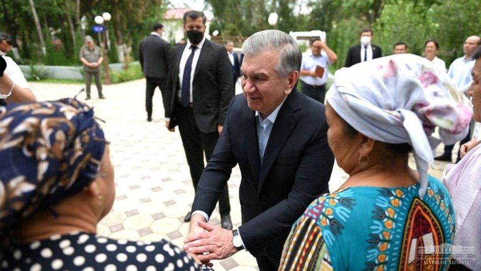 Uzbek President Shavkat Mirziyoyev meets with local residents in Nukus, capital of the northwestern Karakalpakstan region, Uzbekistan July 3, 2022