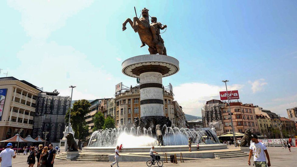 A bronze statue of Alexander the Great in Skopje's central square