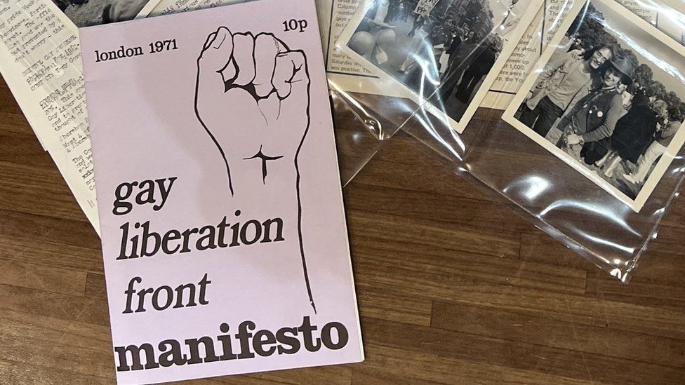 The Gay liberation Front Manifesto rests on a stack of old pictures