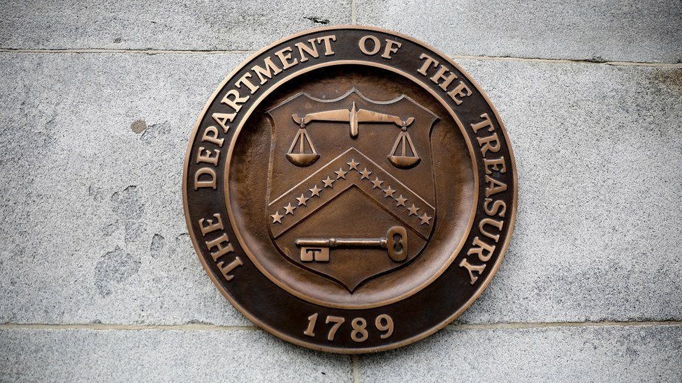 Logo of United States Treasury Department is seen in Washington, DC, United States on February 04, 2020