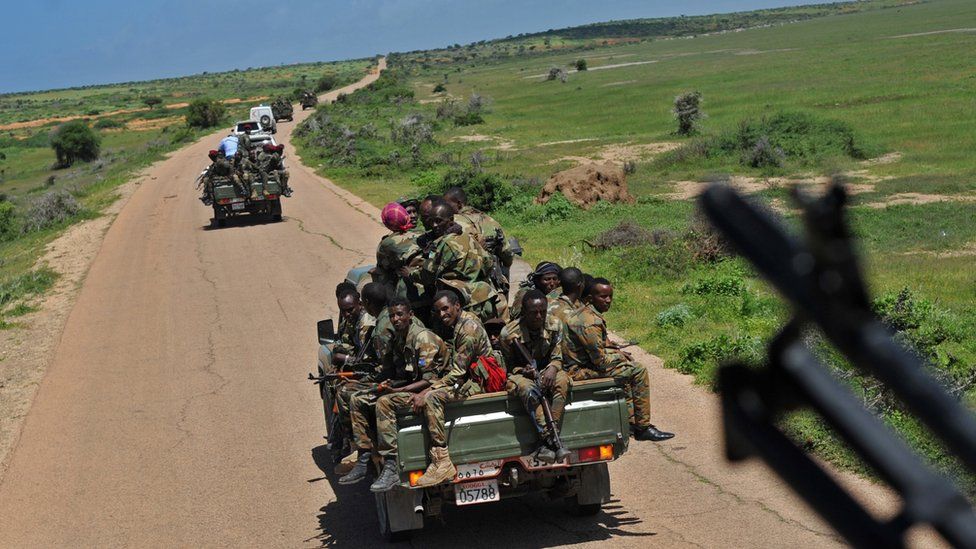Somali soldiers on a road 450km from Mogadishu, Somalia - Jun 2018