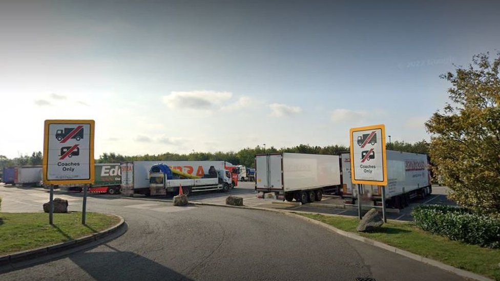 Lorries parked at the Cambridge Services on A14