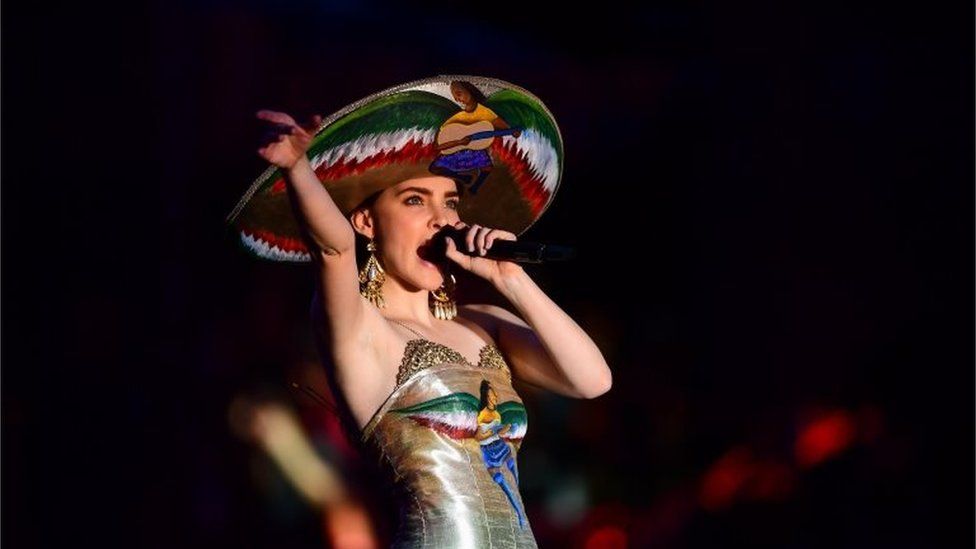 Mexican singer Belinda performs during the closing campaign rally of Mexico's presidential candidate Andres Manuel Lopez Obrador and candidate for Governor of Mexico City Claudia Sheinbaum at the Azteca stadium in Mexico City, on 27 June 2018