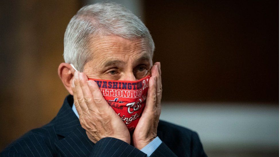 Dr Fauci adjusts his mask