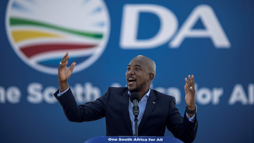 South African main opposition party Democratic Alliance leader Mmusi Maimane gestures as he speaks