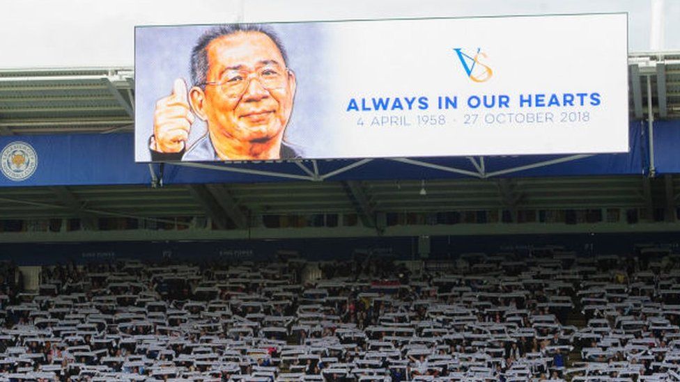 The big screen at Leicester pays tribute to Vichai Srivaddhanaprabha
