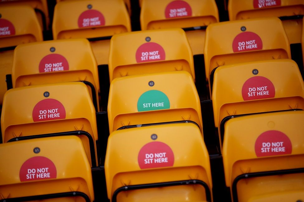 Stickers telling people where they can sit during coronavirus limits at Molyneux stadium, Wolverhampton