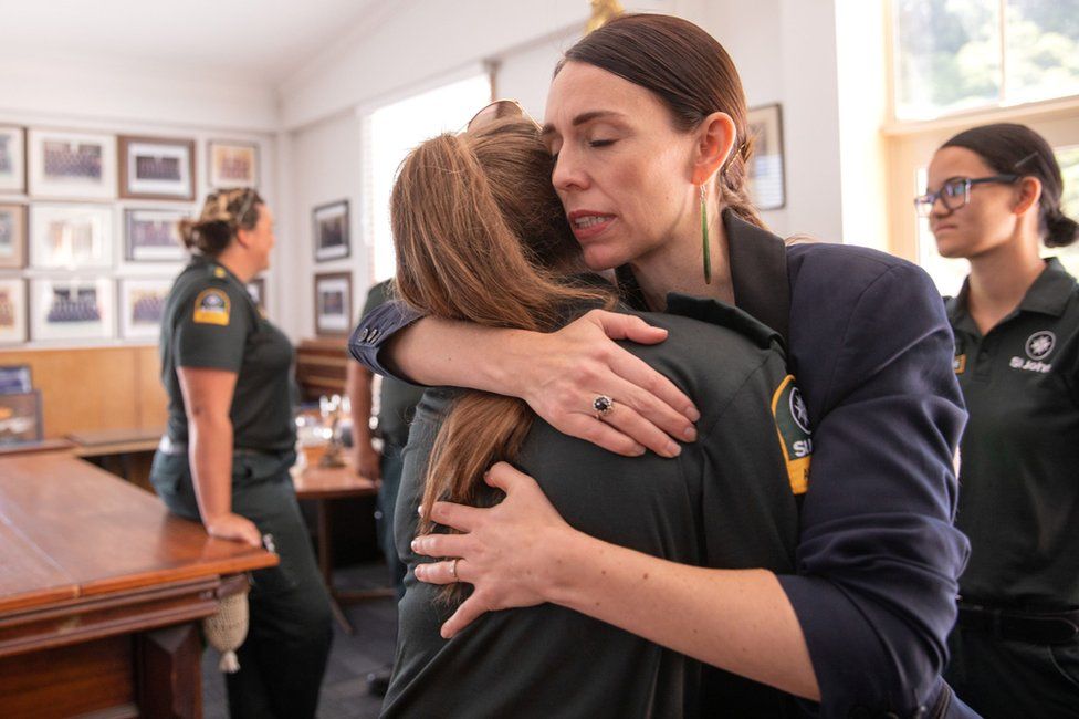 Prime Minister Jacinda Ardern meets with first responders at the Whakatane Fire Station