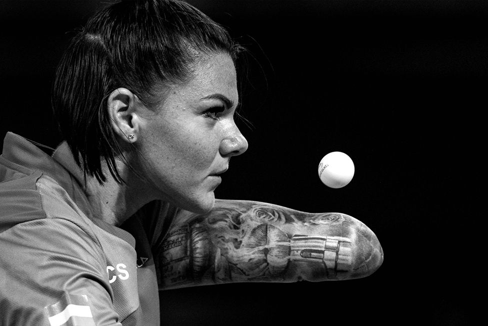 Alexa Szvitacs of Team Hungary serves the ball during a Women’s Doubles table tennis match at Tokyo Metropolitan Gymnasium, September 2020.