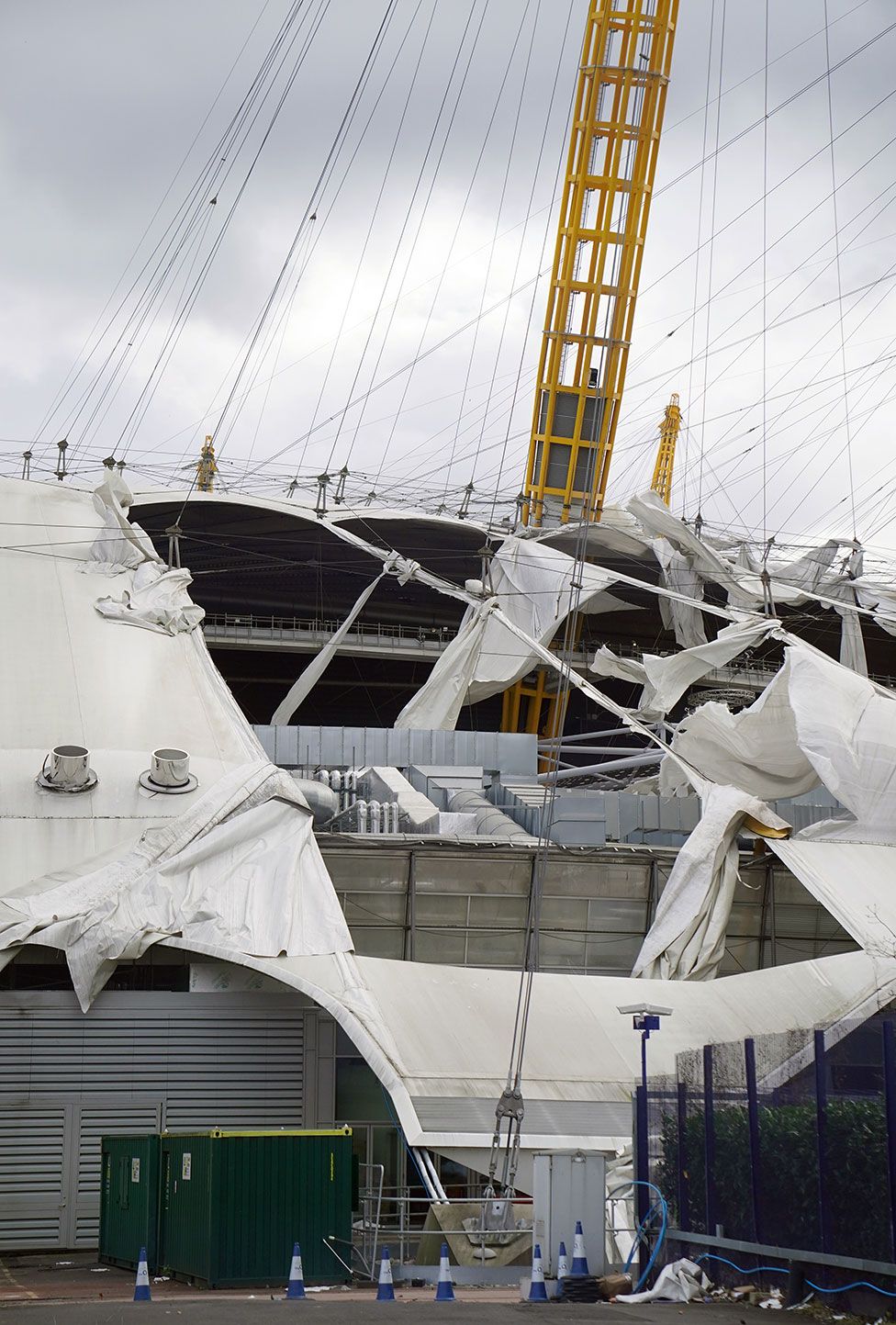Damage to the roof of the O2 Arena in south east London, caused by Storm Eunice on 18 February 2022