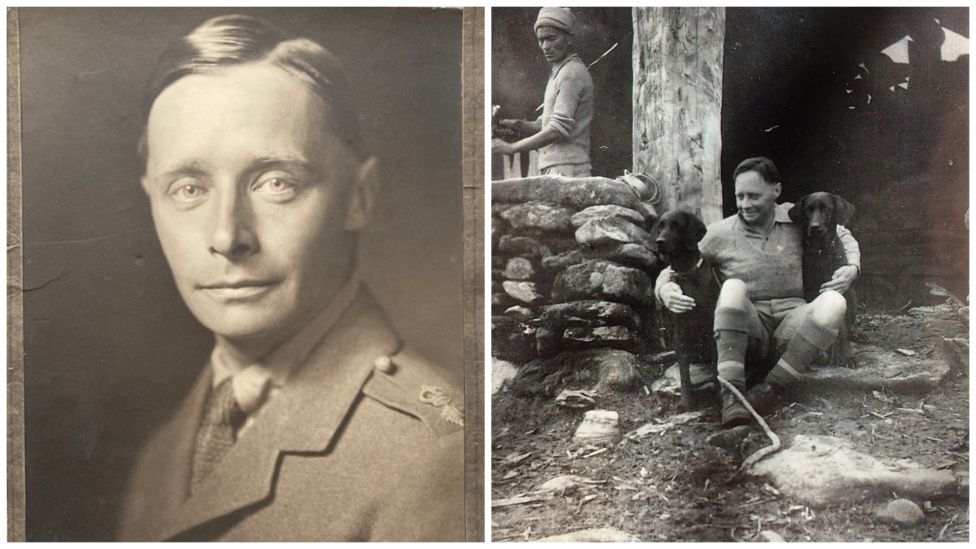 Two black and white photos of Lt Col Brown - one in his uniform and another in casual clothes holding two large dogs