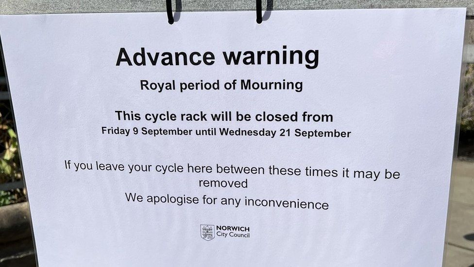 Advance warning Royal period of mourning. This cycle rack will be closed from Friday 9 September until Wednesday 21 September. If you leave your cycle here between these times it may be removed. We apologise for any inconvenience. Norwich City Council