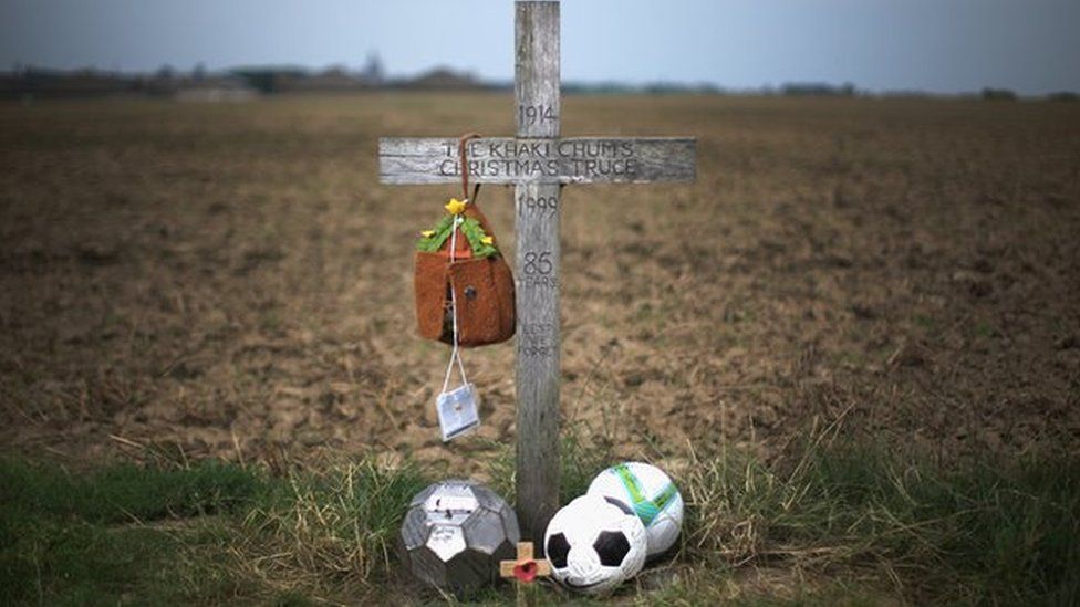A cross marks where the football truce match took place