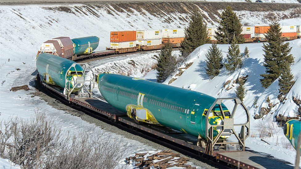 Boeing 737 Max 8 fuselages, manufactured by Spirit Aerosystems in Wichita being transported