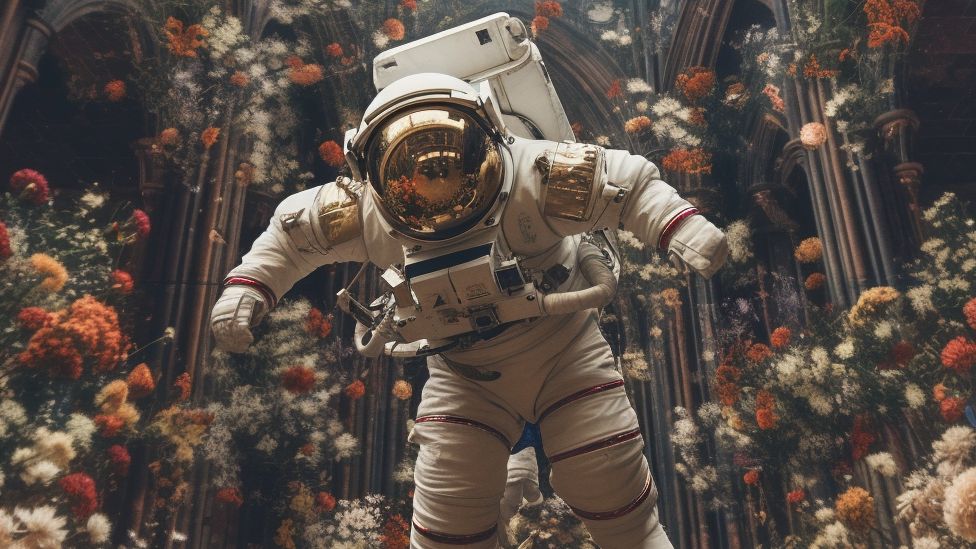 An astronaut suspended in the air in a church, surrounded by flowers