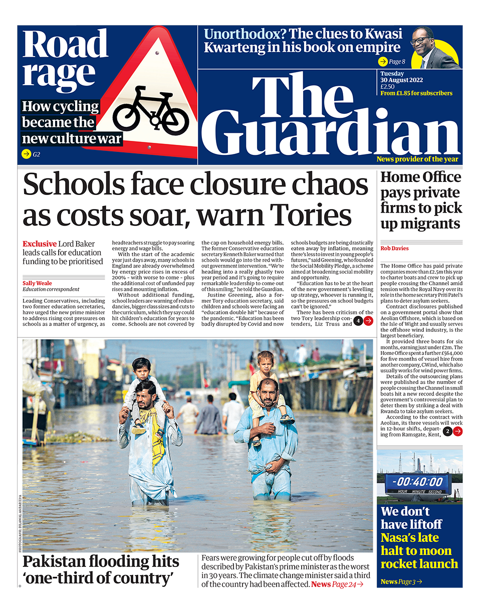 The headline in the Guardian reads 'Schools face closure chaos as costs soar, warn Tories'