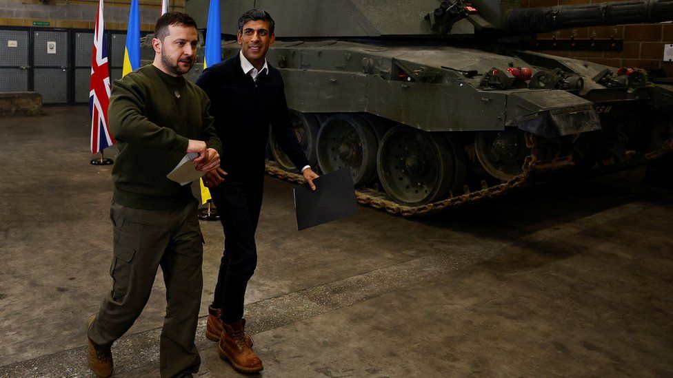 Volodymyr Zelensky and Rishi Sunak at a military facility in Lulworth, Dorset, during the Ukrainian president's visit to the UK