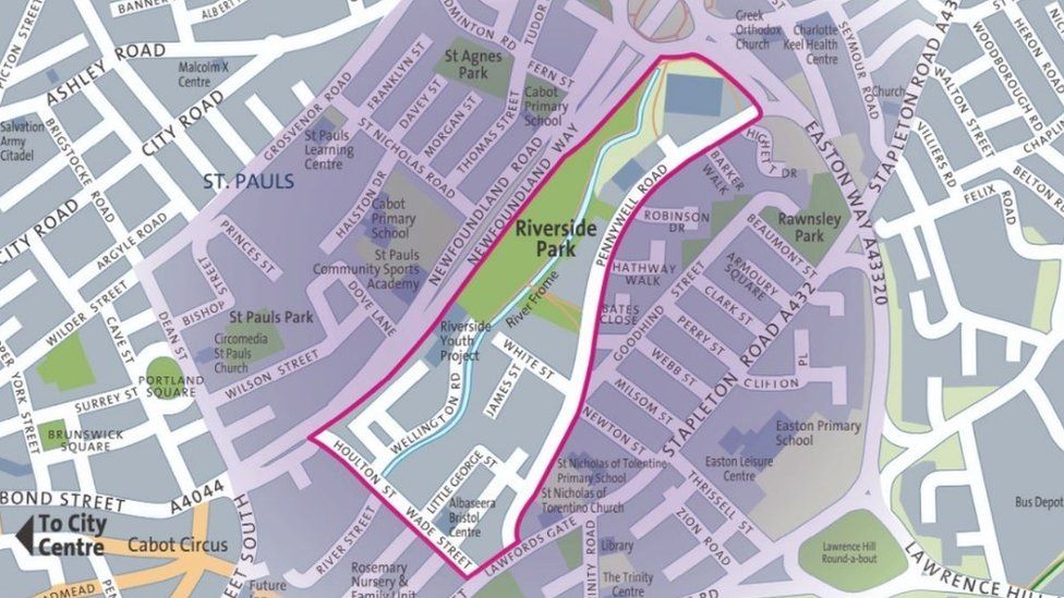 A map of the Frome Gateway regeneration project, centred around Riverside Park in St Jude's, Bristol