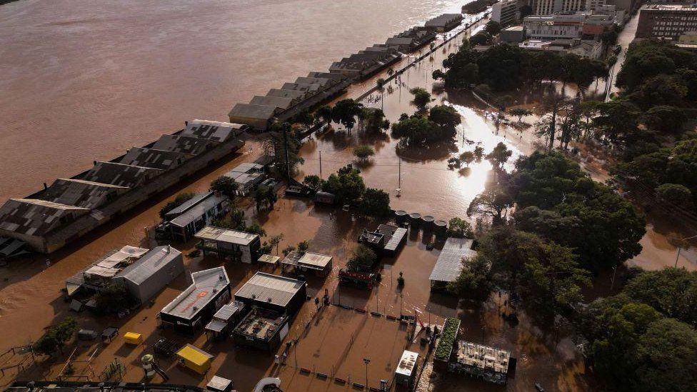 Aerial view of the port area of Porto Alegre flooded
