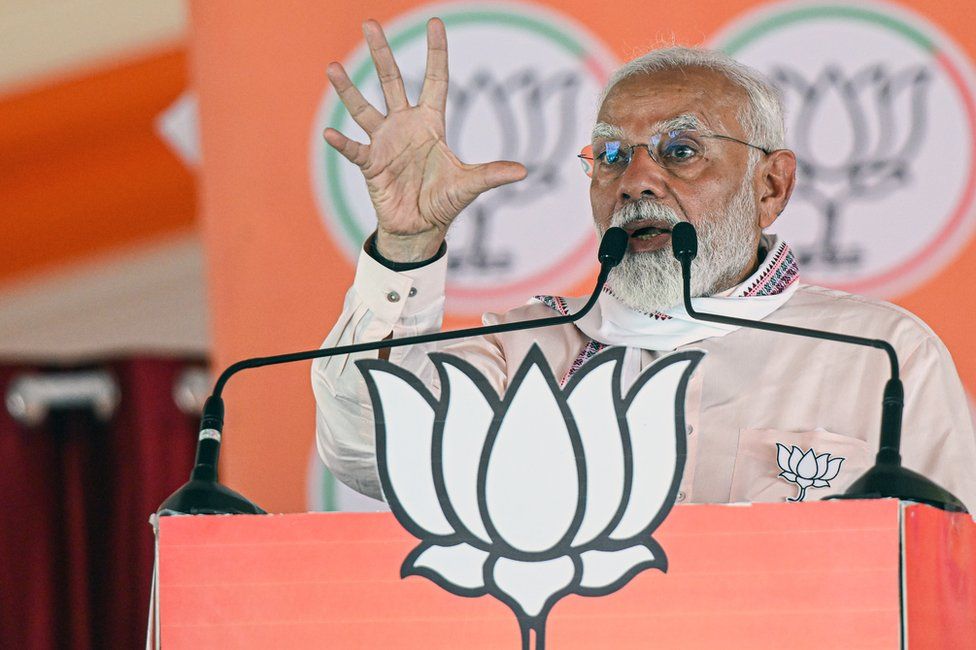 Narendra Modi, India's prime minister, during a campaign rally in Agra, Uttar Pradesh, India, on Thursday, April 25, 2024. Modi doubled down on his attacks against the main opposition party by using language critics say sows division between the country's Hindu majority and Muslim minority.