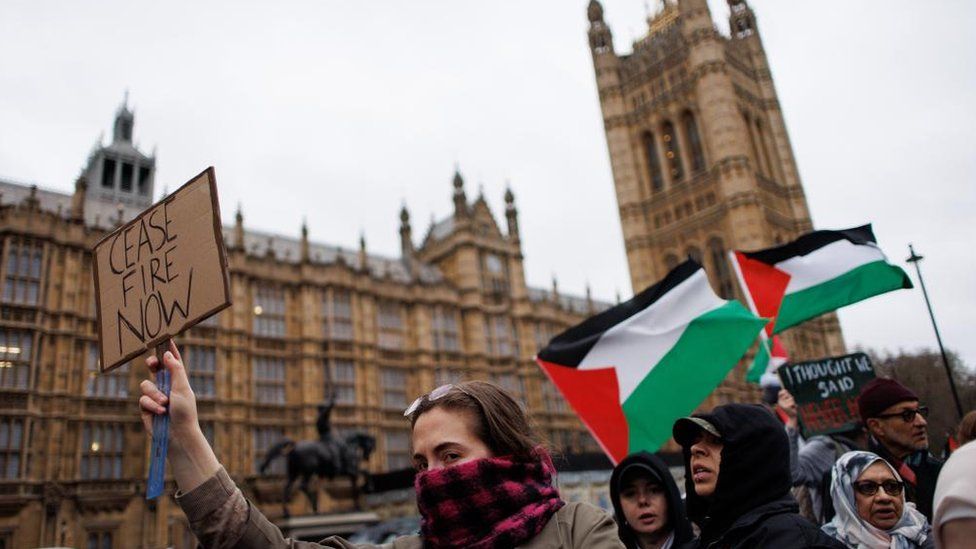 Palestine Solidarity Campaign protest outside Parliament, as Gaza vote is due on ceasefire, London, United Kingdom - 21 Feb 2024