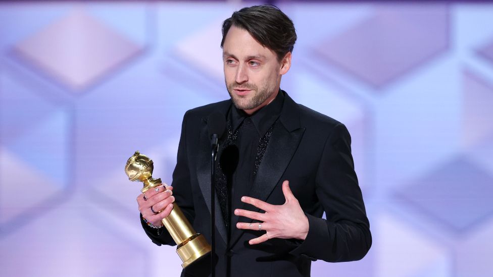 Kieran Culkin accepts the award for Best Performance by a Male Actor in a Television Series Drama for "Succession" at the 81st Golden Globe Awards held at the Beverly Hilton Hotel on January 7, 2024 in Beverly Hills, California