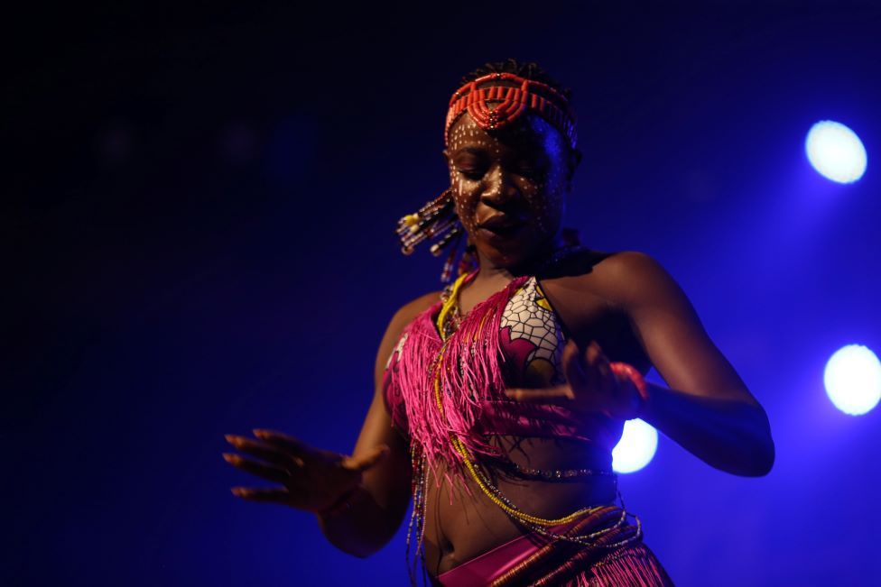 A dancer performs on stage as part of Made Kuti's show in Lagos.