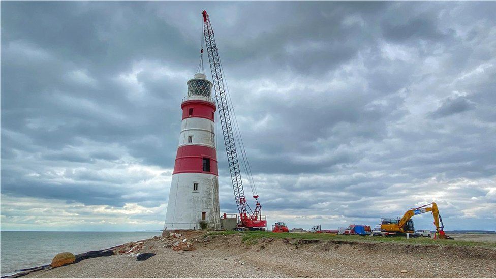 After days of preparation, deconstruction work at the historic Orfordness Lighthouse is now under way