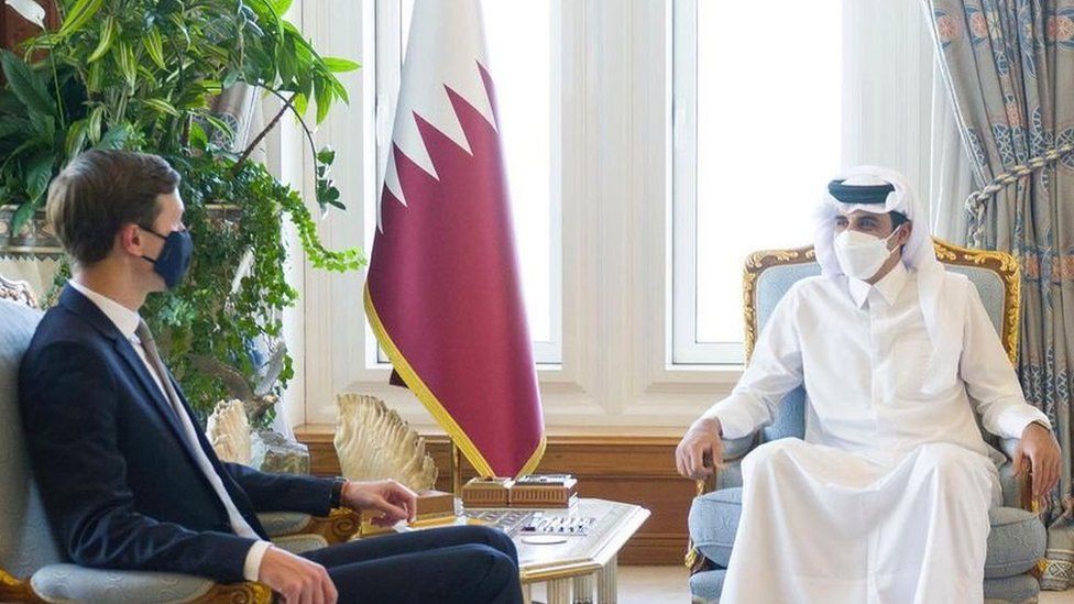 US envoy Jared Kushner (L) meets Qatar's Emir Sheikh Tamim bin Hamad Al Thani (R) in Doha (2 December 2020)