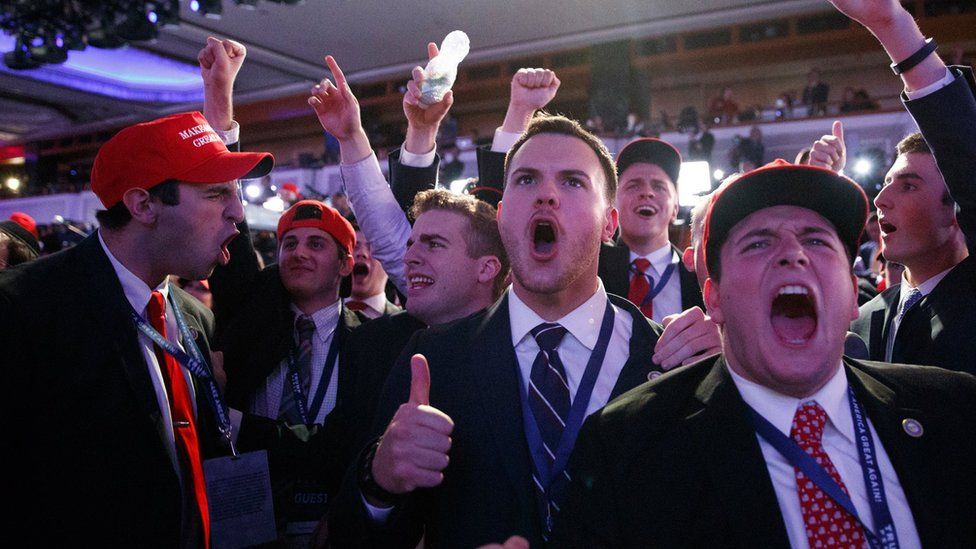 Supporters of President-elect Donald Trump cheer during as they watch election returns during an election night rallyi n New York,