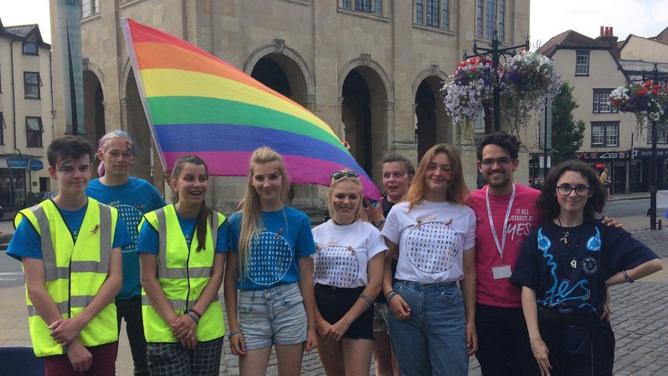 The 15 to 17-year olds were raising support and money for the annual Oxford Pride festival outside Abingdon town hall