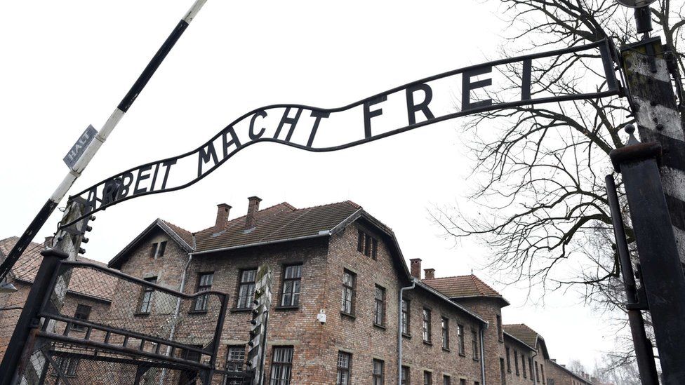 The infamous "Arbet macht frei" (work makes you free" slogan over Auschwitz's entrance