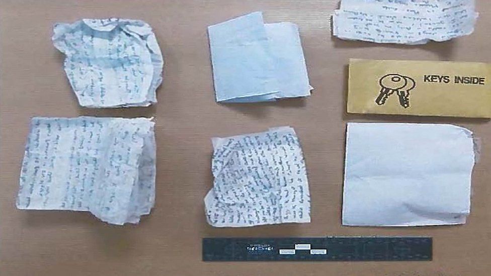 Photos relating to notes hidden inside a perfume box, seized from Fionnghuala Perry’s home in 2018.