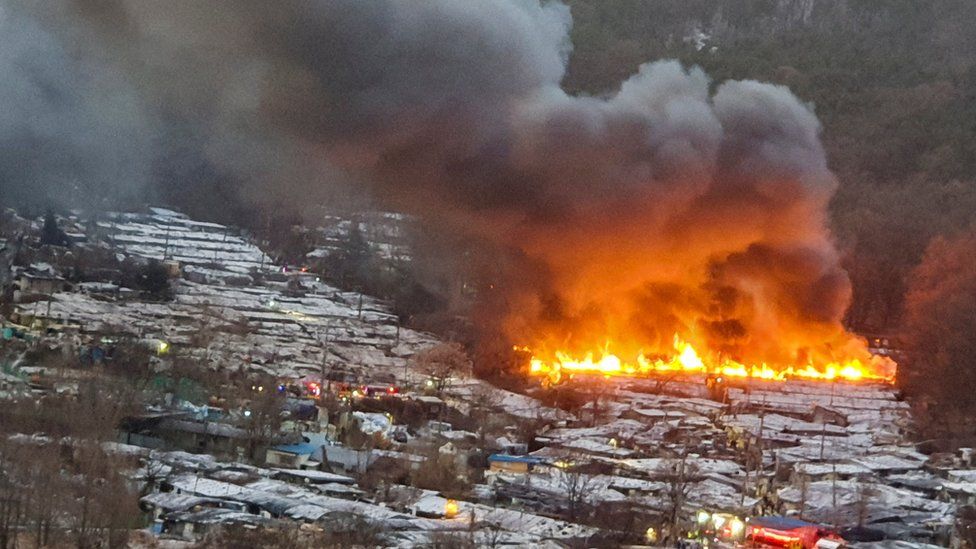 An aerial view of a large fire that broke out in a Seoul slum