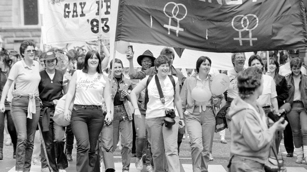 Lesbians marching in the 1983 Lesbian and Gay Pride event in London