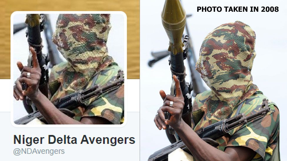 L: Niger Delta Twitter photo R: A photo taken in September 2008 showing a fighter of the Movement for the Emancipation of the Niger Delta (Mend), holding his weapons at the militia's creek camp in the Niger Delta.